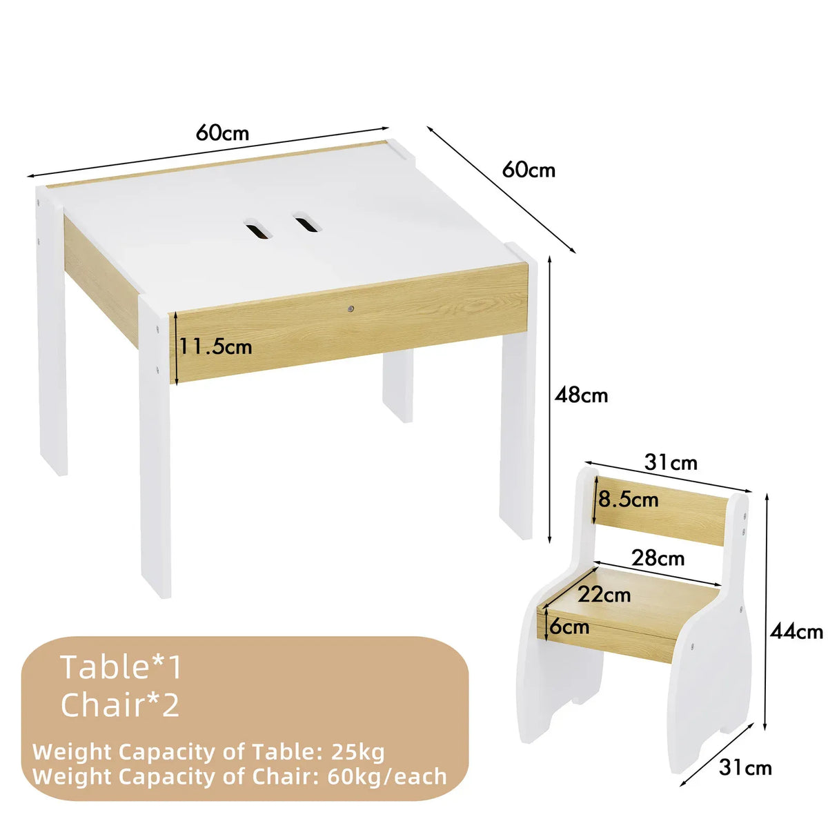 Kids' Table & 2 Chairs with Storage — White, 60 × 60 × 48 cm — product image 3