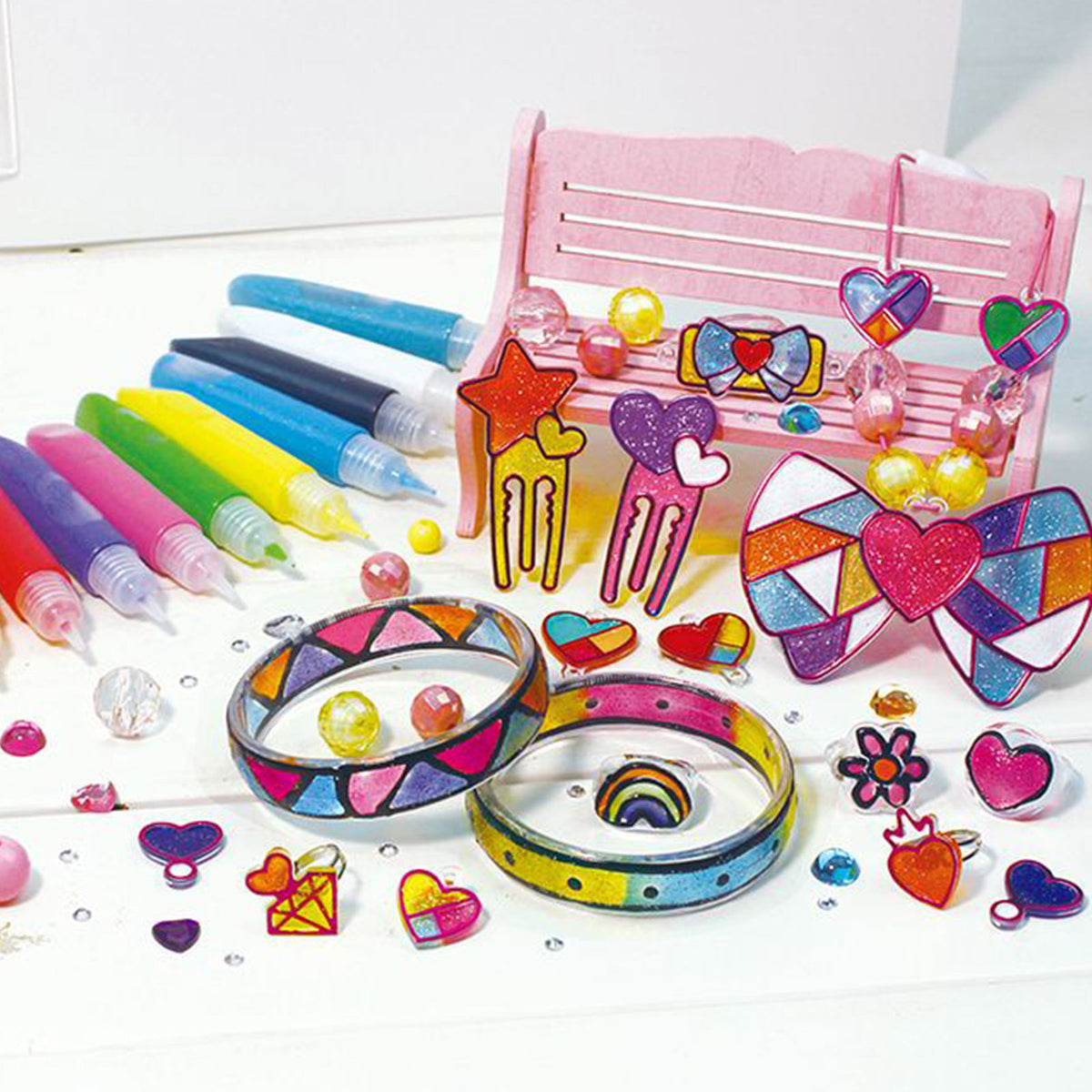 Colour paints, bead packs and jewellery craft-kit contents