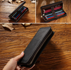 Black Genuine Leather Pencil Case - Vintage Zip-Up Pen Holder with Elastic Loops — product image 2