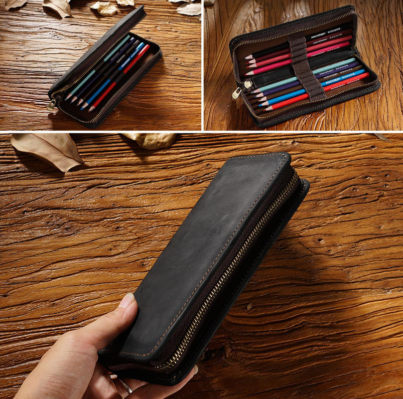 Black Genuine Leather Pencil Case - Vintage Zip-Up Pen Holder with Elastic Loops — product image 2