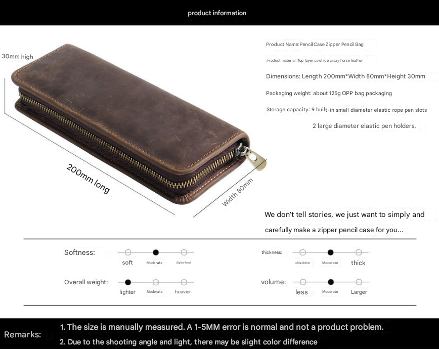 Black Genuine Leather Pencil Case - Vintage Zip-Up Pen Holder with Elastic Loops — product image 4