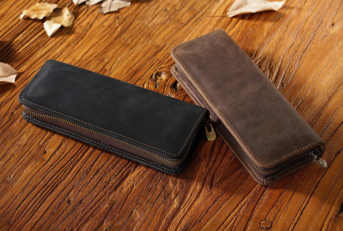 Black Genuine Leather Pencil Case - Vintage Zip-Up Pen Holder with Elastic Loops — product image 3