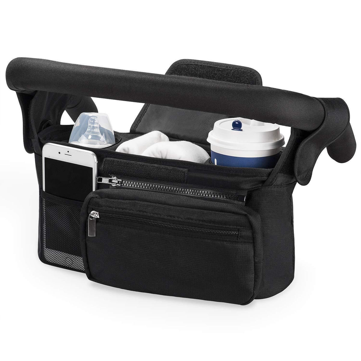 Pram Organiser with Insulated Cup Holders & Wristlet — Black — product image 1