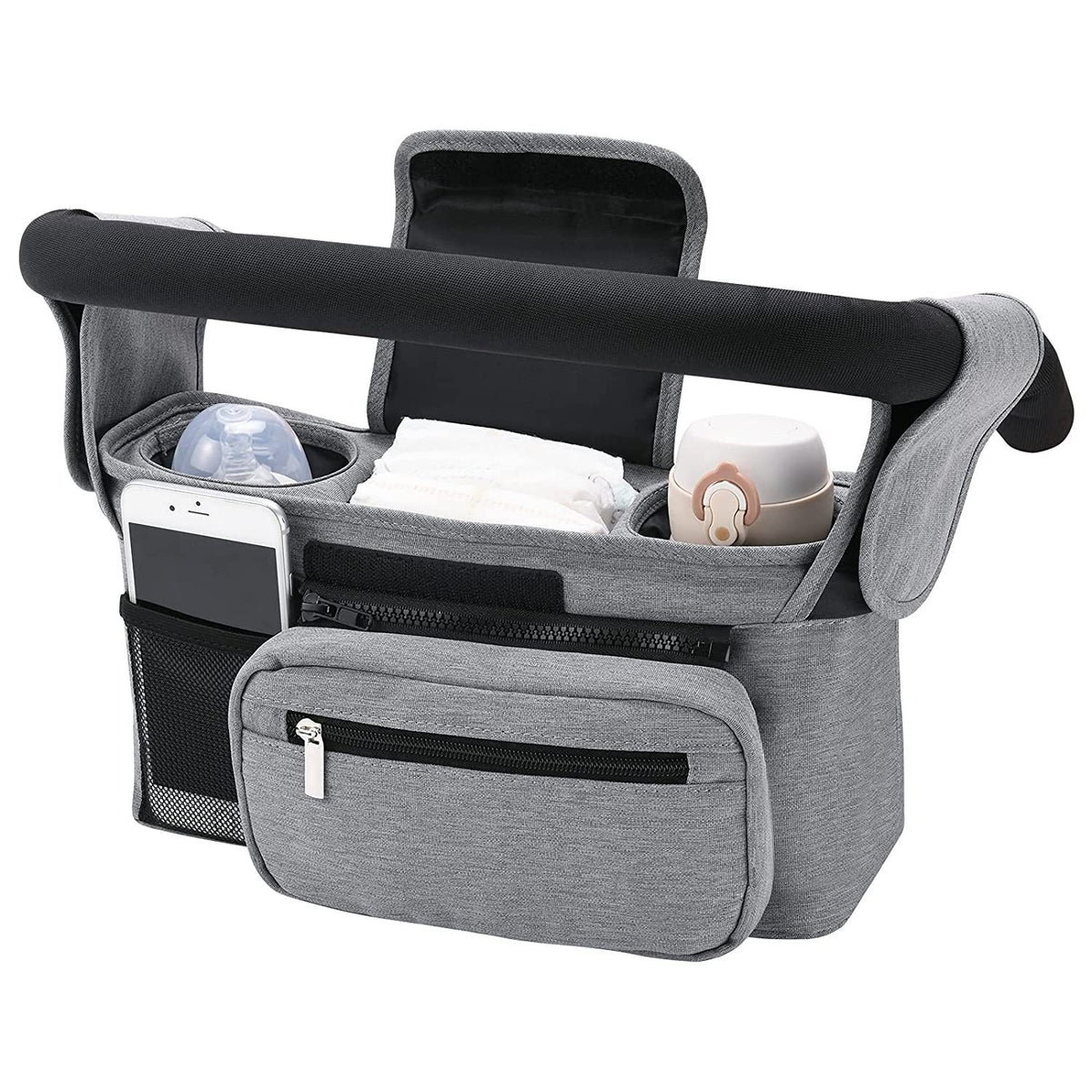 Pram Organiser with Insulated Cup Holders & Wristlet — Grey — product image 1