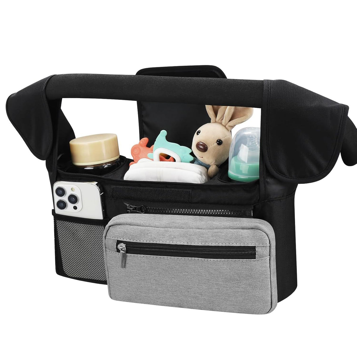 Universal Stroller Organiser with Insulated Cup Holders – Black & Grey — product image 1
