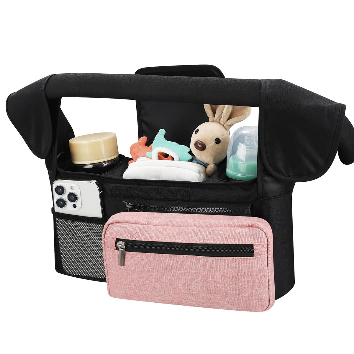 Universal Stroller Organiser with Insulated Cup Holders – Black & Pink — product image 1
