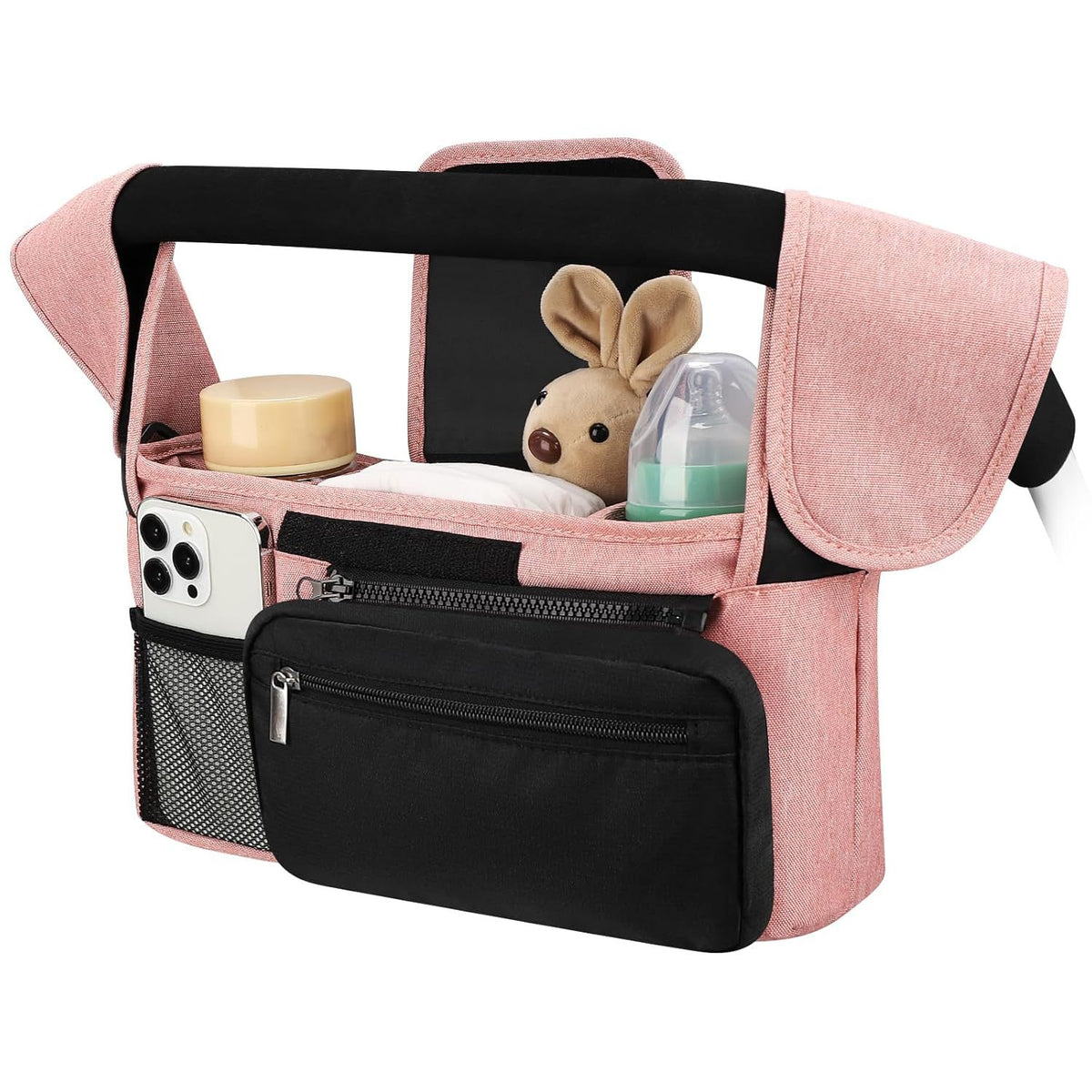 Universal Stroller Organiser with Insulated Cup Holders – Pink & Black — product image 1