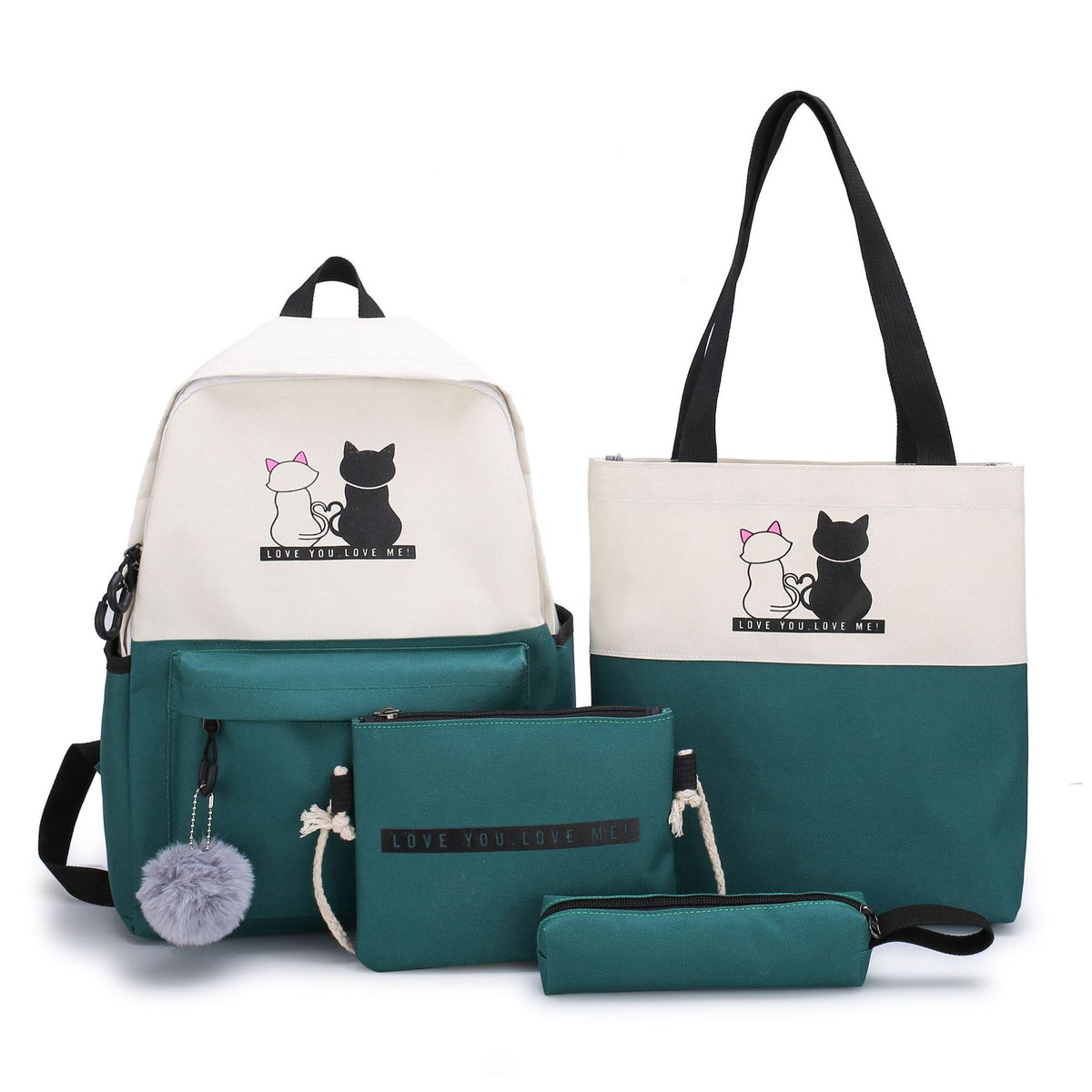 4-Piece Green Student Backpack Set with Cat Print – Durable Canvas School Bag Combo — product image 1