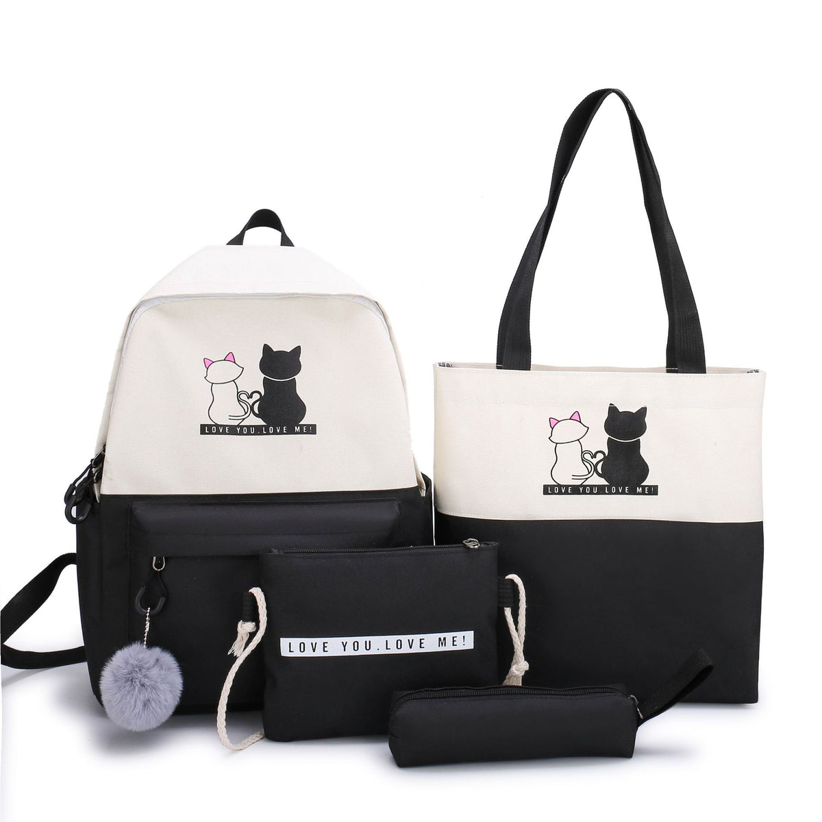 4-Piece Black Student Backpack Set with Cat Print – Durable Canvas School Bag Combo — product image 1