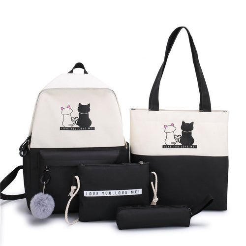 4-Piece Black Student Backpack Set with Cat Print – Durable Canvas School Bag Combo — product image 1