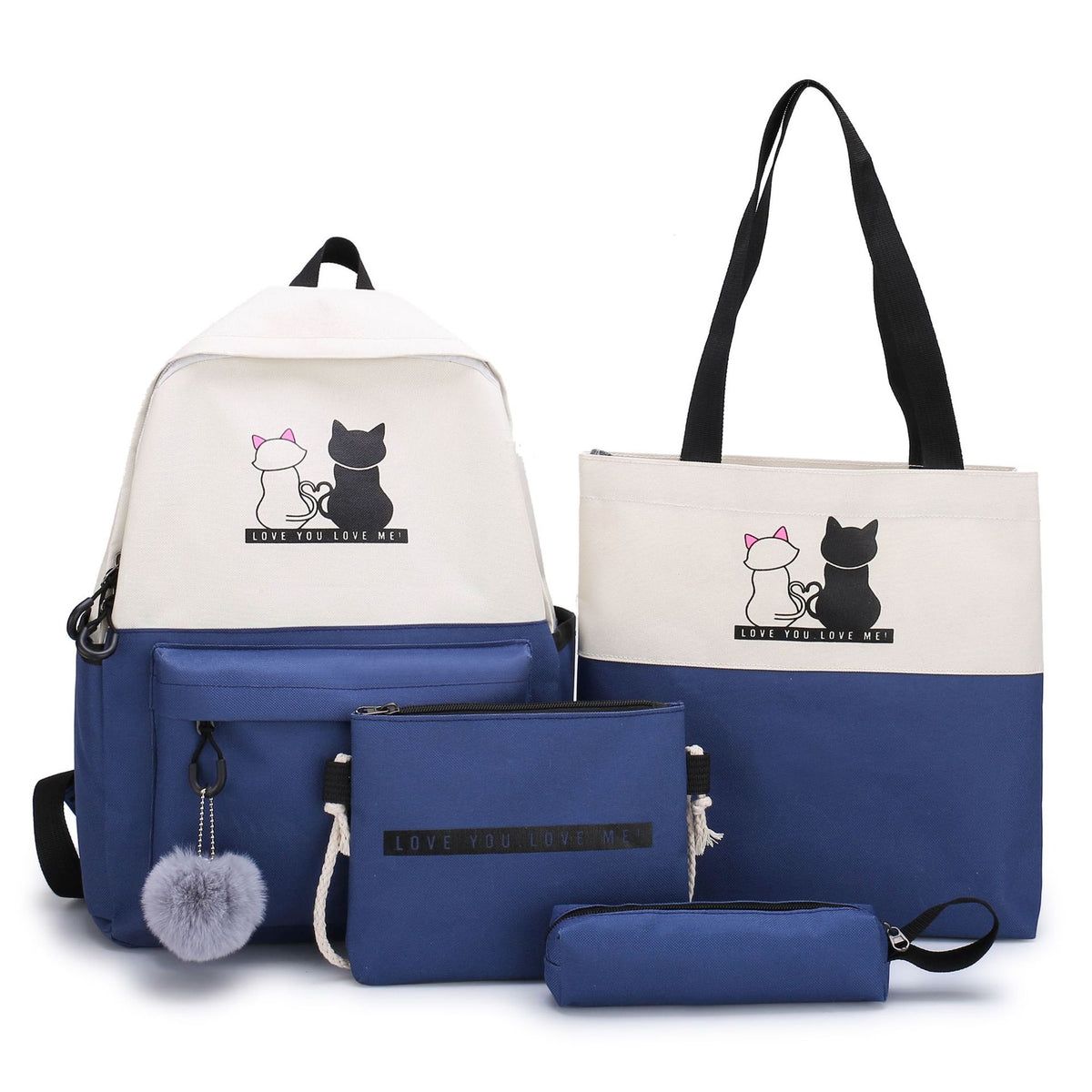 Cat Print School Backpack Set — Blue, 4 Pieces — product image 1