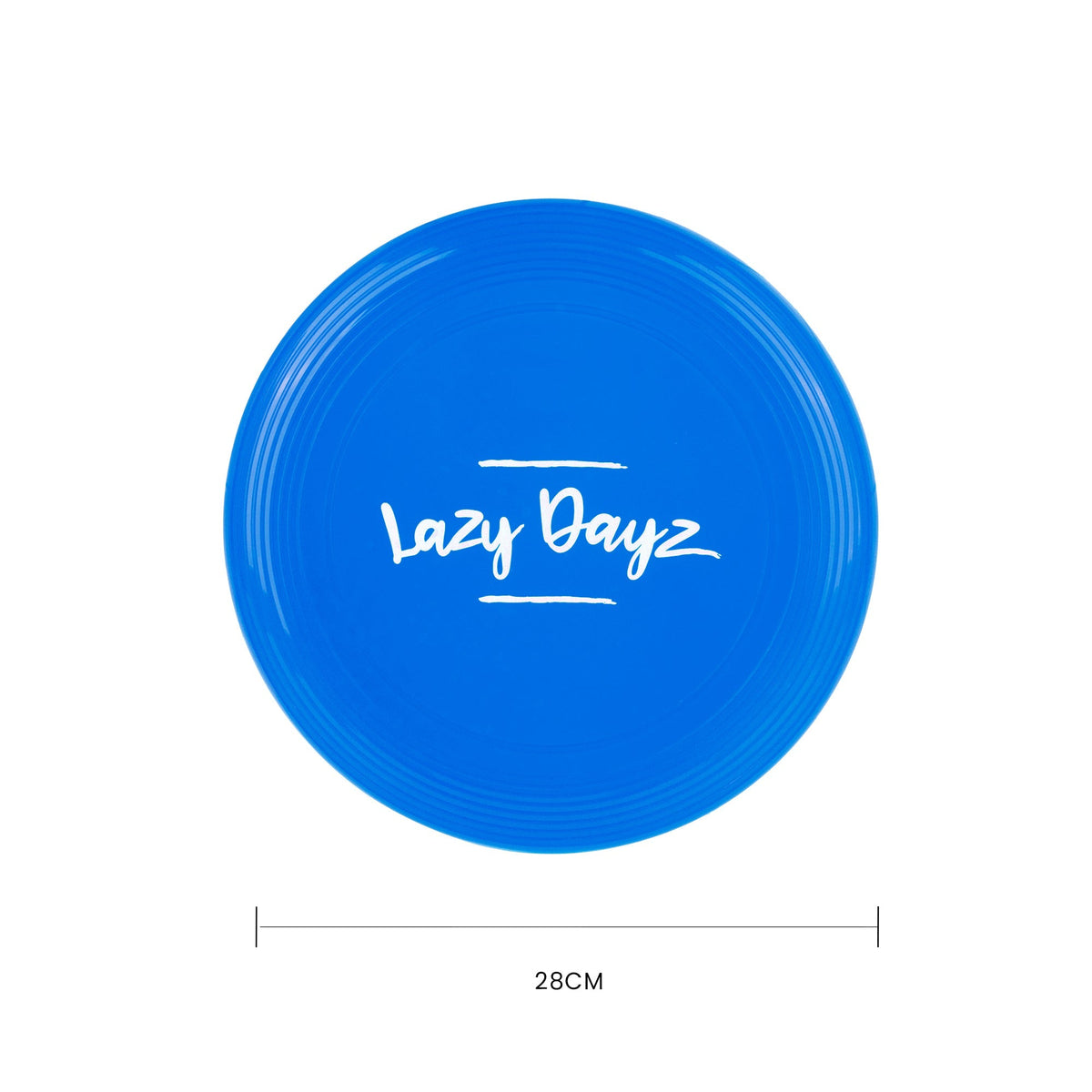 Blue Lazy Dayz flying disc showing its 28 cm diameter