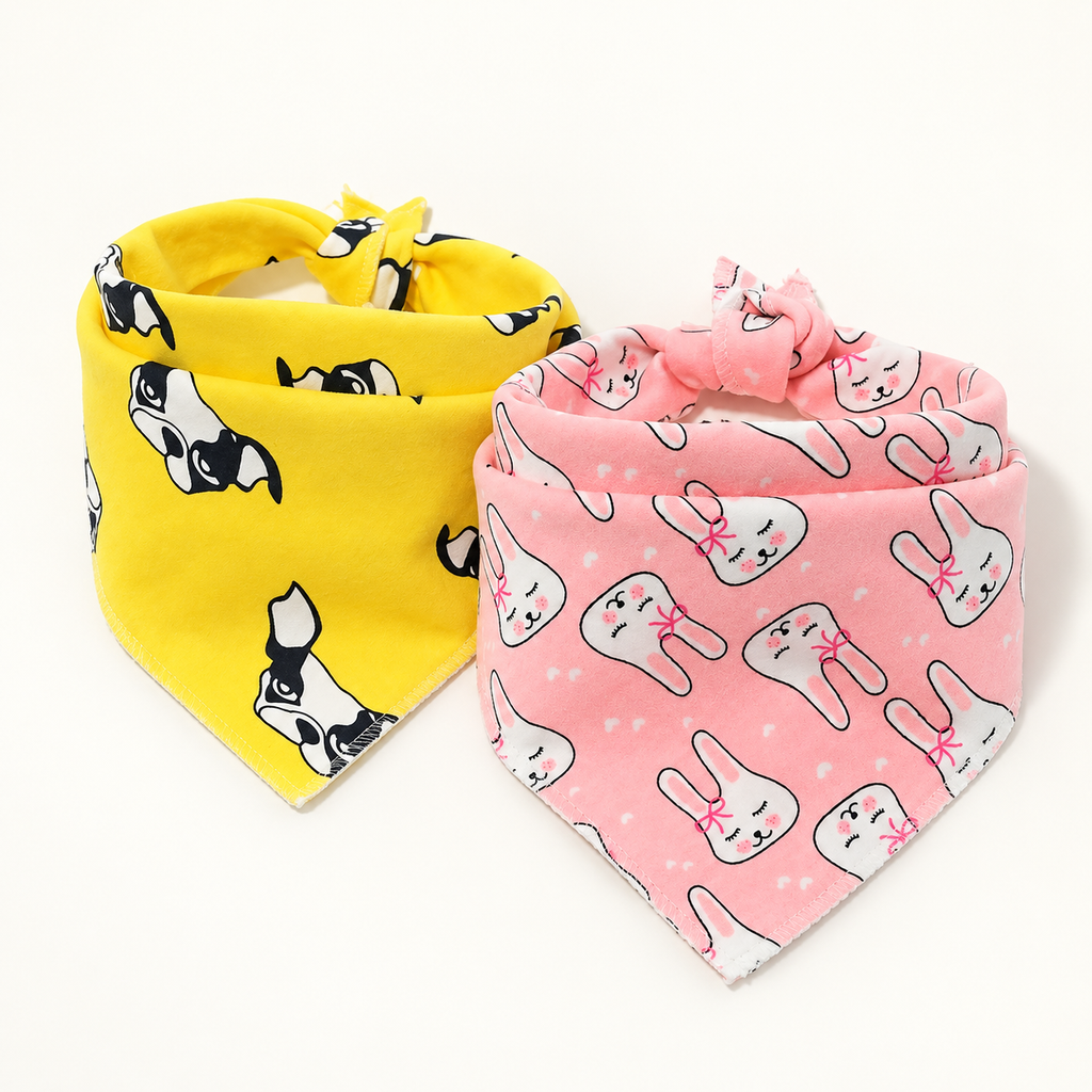 Two-pack bandana bibs in yellow puppy and pink bunny prints