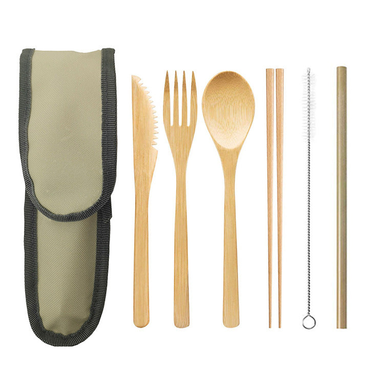 Bamboo travel cutlery set with beige roll pouch and all included pieces