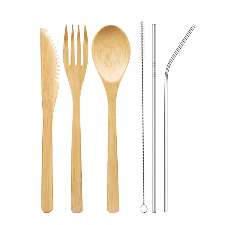 Bamboo knife fork spoon with reusable straw and cleaning brush