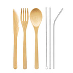 Bamboo knife fork spoon with reusable straw and cleaning brush