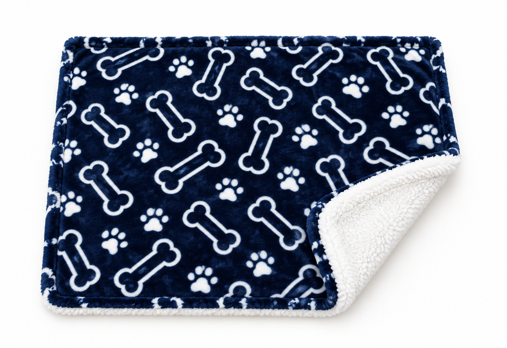 Blue bone-print pet blanket showing patterned face and white reverse