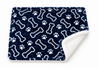 Blue bone-print pet blanket showing patterned face and white reverse