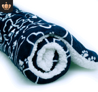 Blue bone-print pet blanket with white fluffy reverse