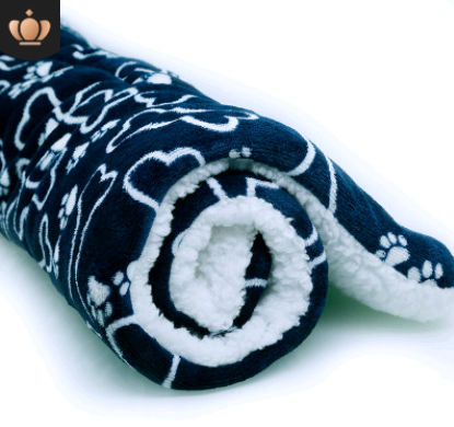 Blue bone-print pet blanket with white fluffy reverse
