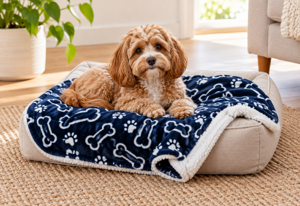 Blue bone-print pet blanket on a small dog bed