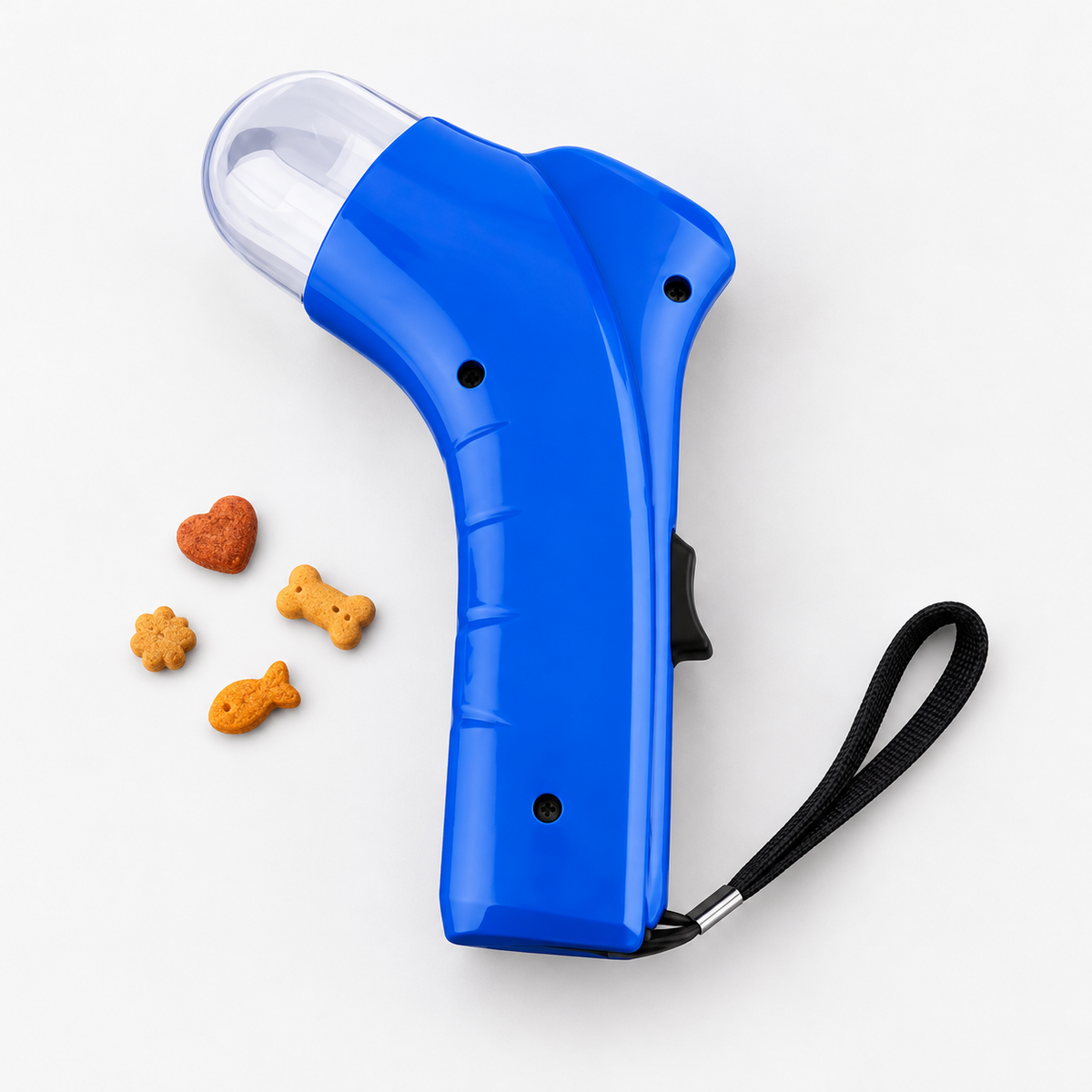 Blue pet treat launcher showing clear chamber, trigger and wrist strap