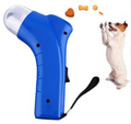 Blue pet treat launcher with clear treat chamber