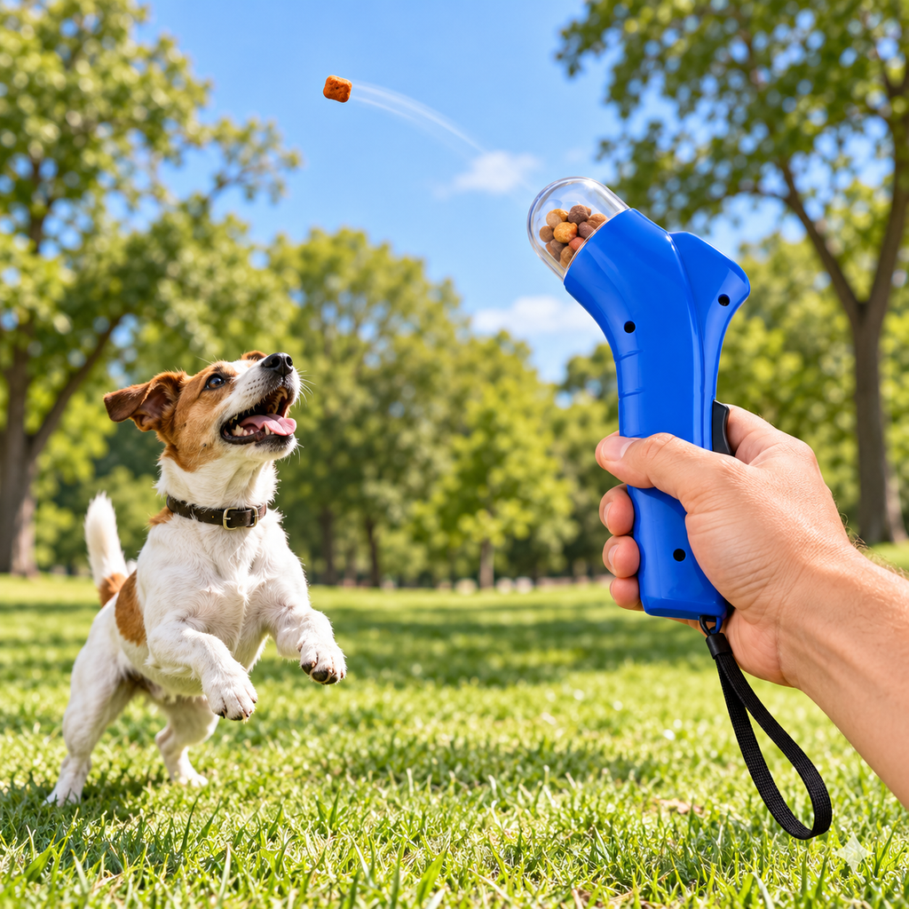 Blue pet treat launcher used for an outdoor dog game