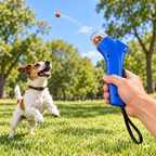 Blue pet treat launcher used for an outdoor dog game