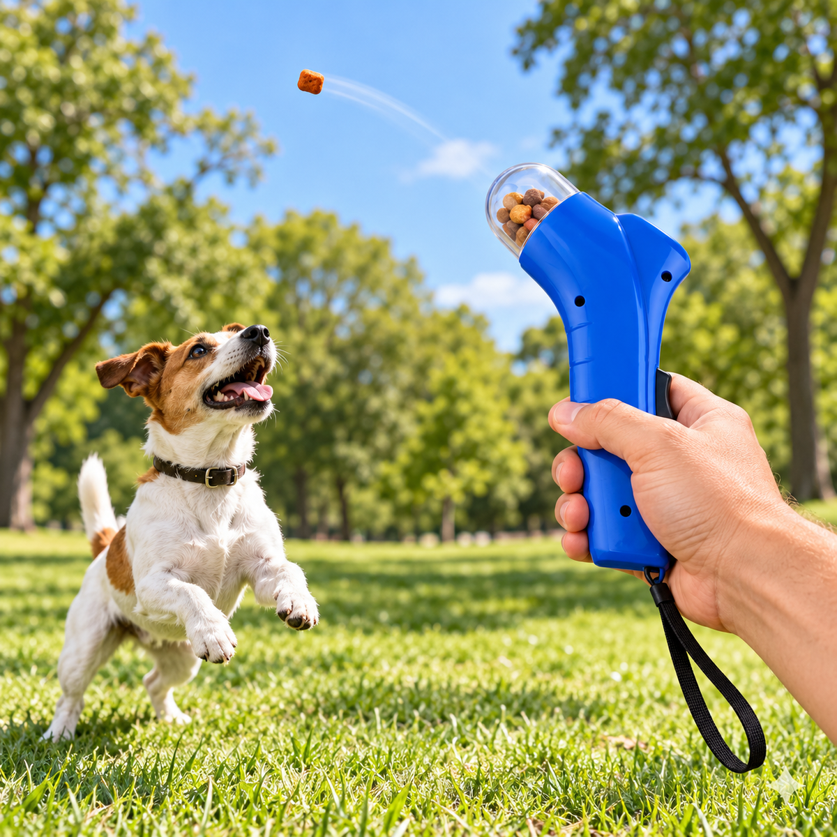 Blue pet treat launcher used for an outdoor dog game