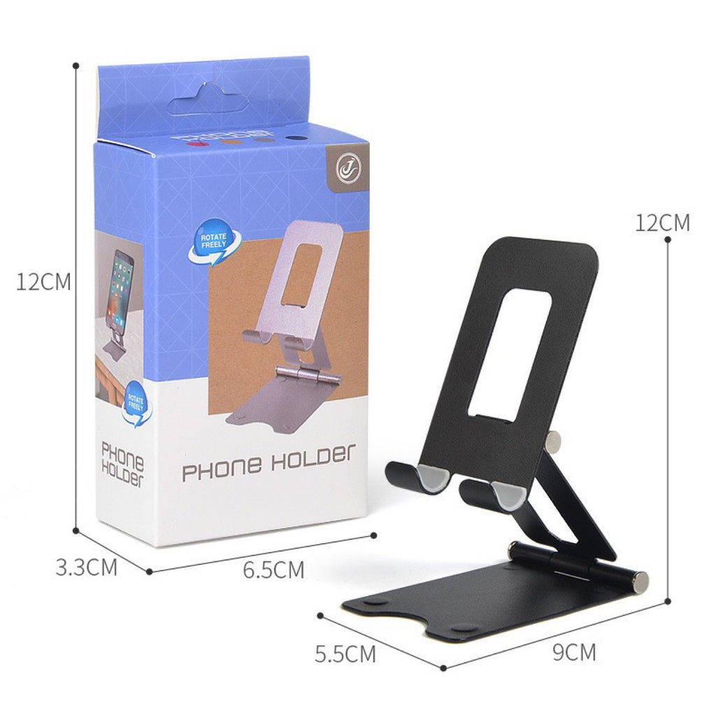 Foldable phone stand supporting a smartphone on a desk