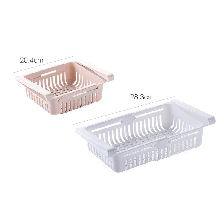 Expandable refrigerator storage drawer installed under a shelf
