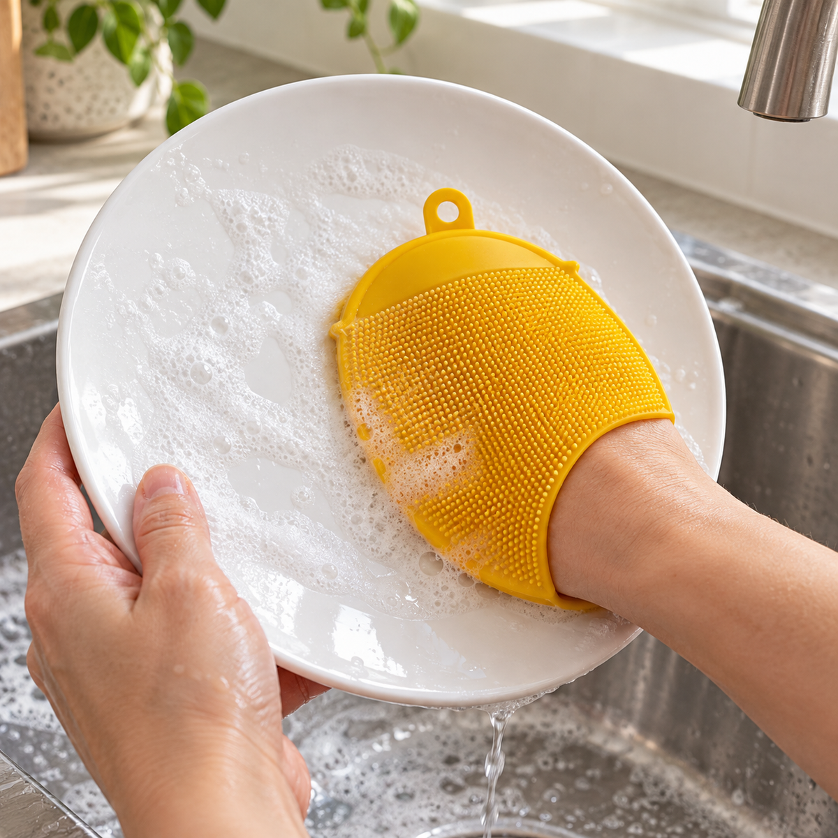 Silicone Hand-Pocket Scrubber washing a plate