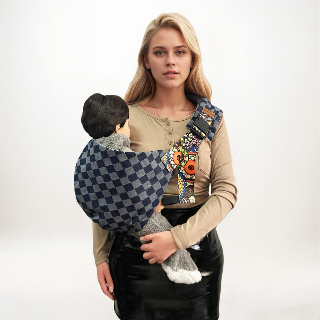 Carry Close Blue Gingham sling shown worn in a supplier demonstration