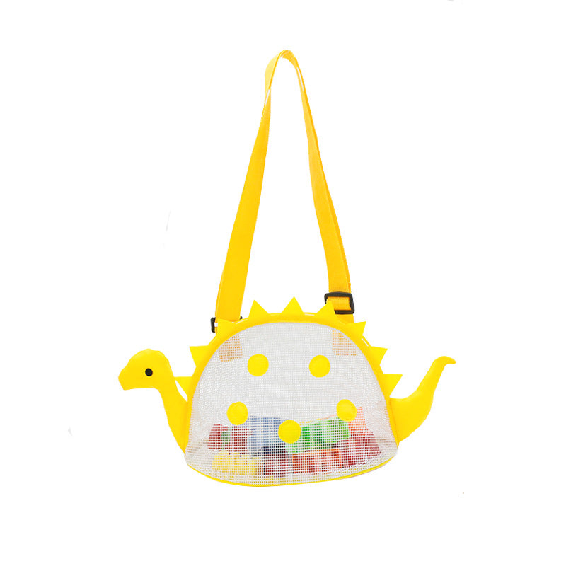Yellow dinosaur mesh beach bag with adjustable shoulder strap; contents not included