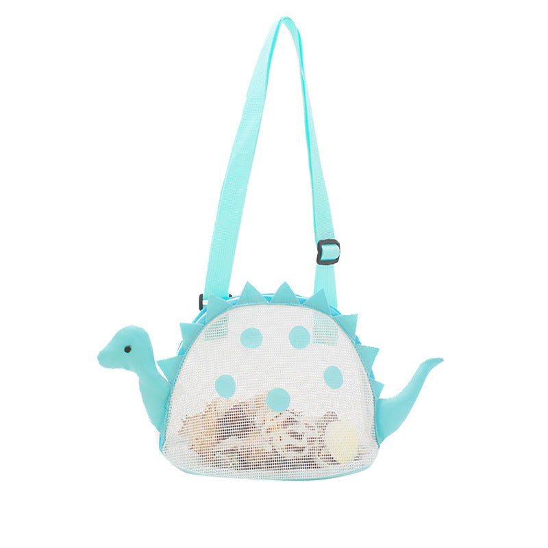Blue pale aqua dinosaur mesh beach bag; shells shown as display props