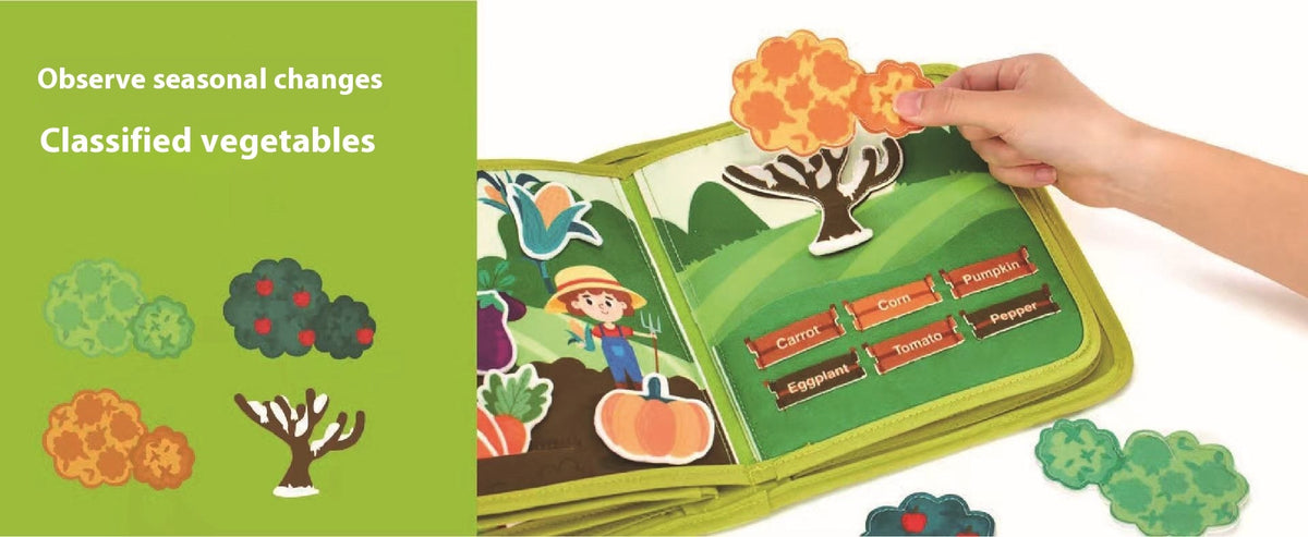 Vegetable sorting and seasonal-tree activities inside the farm book