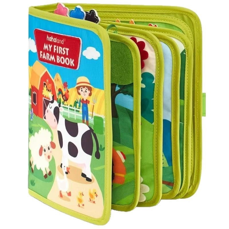 Green farm activity book with animal cover and fabric pages