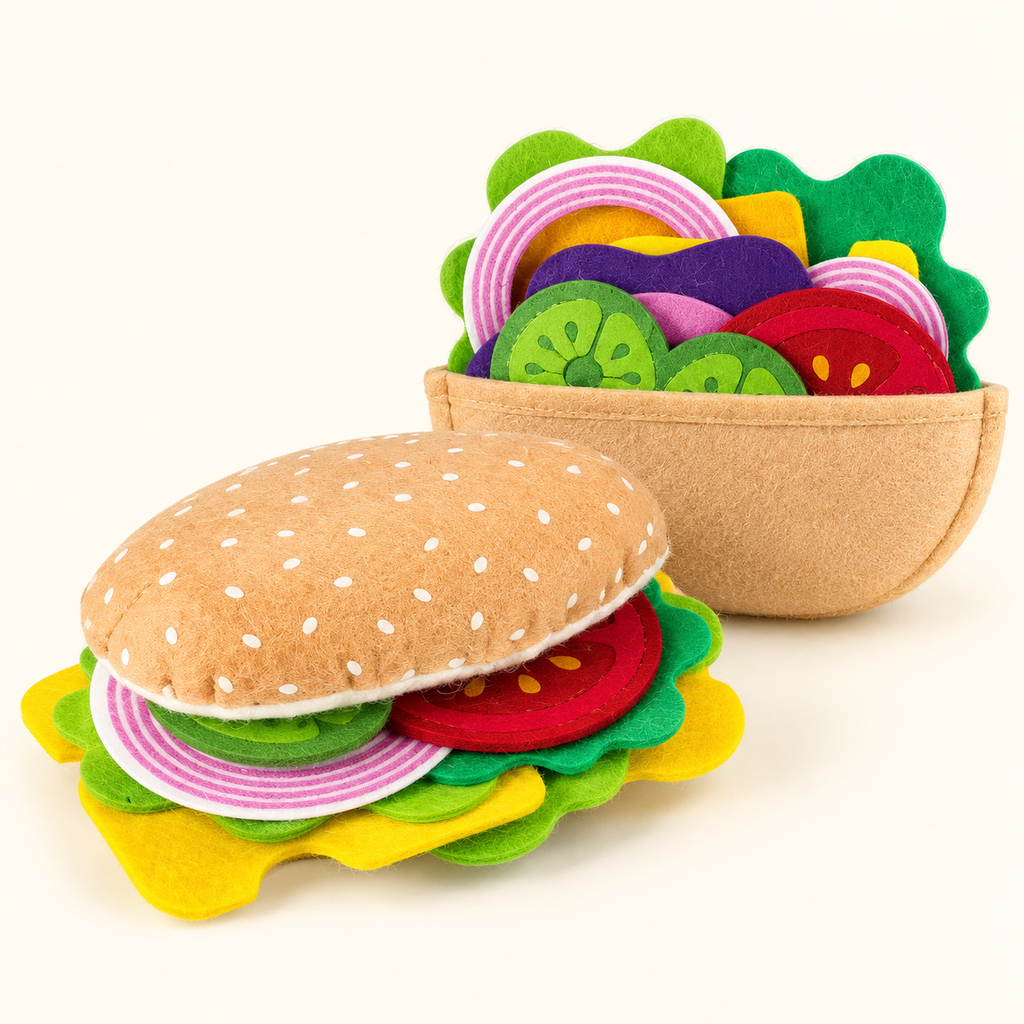 Close view of fabric sandwich and burger play pieces
