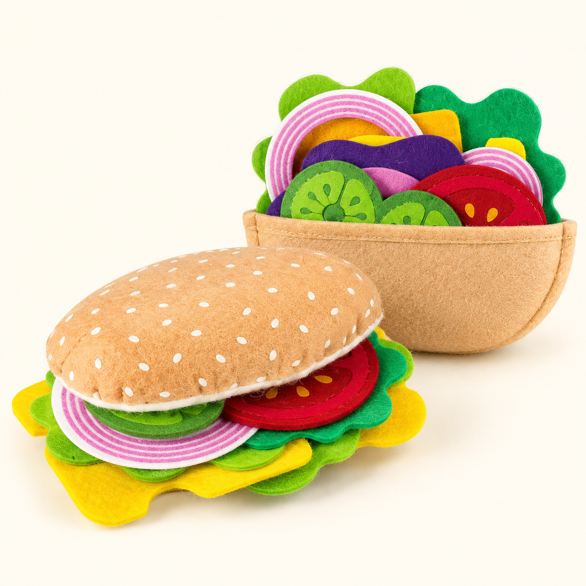 Close view of fabric sandwich and burger play pieces
