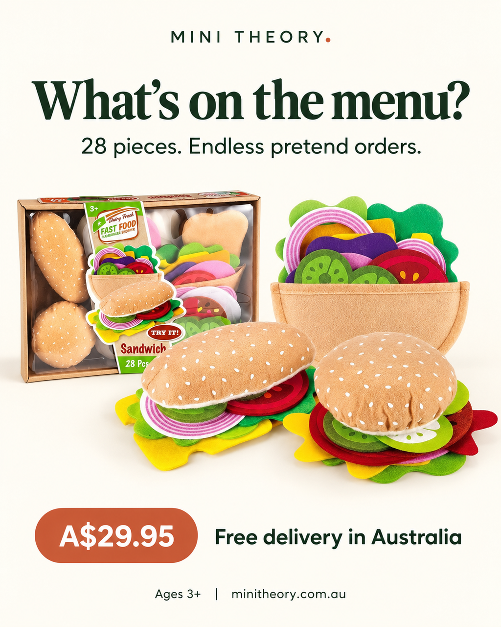 28-piece felt sandwich set at A$29.95 with free delivery in Australia