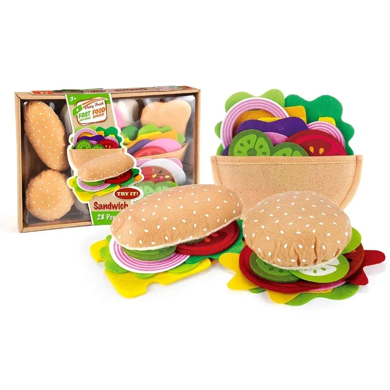 28-piece fabric sandwich and burger pretend-play set with colourful fillings