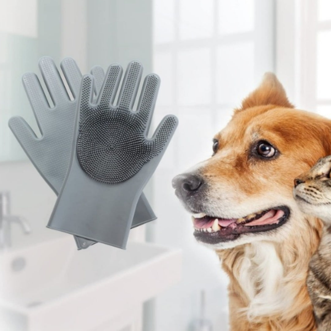 Grey Silicone Pet Grooming Gloves pair with dog and cat