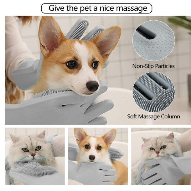 Grey Silicone Pet Grooming Gloves used on cats and dogs