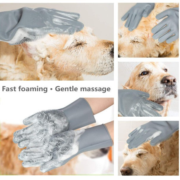 Grey Silicone Pet Grooming Gloves in use during pet bath