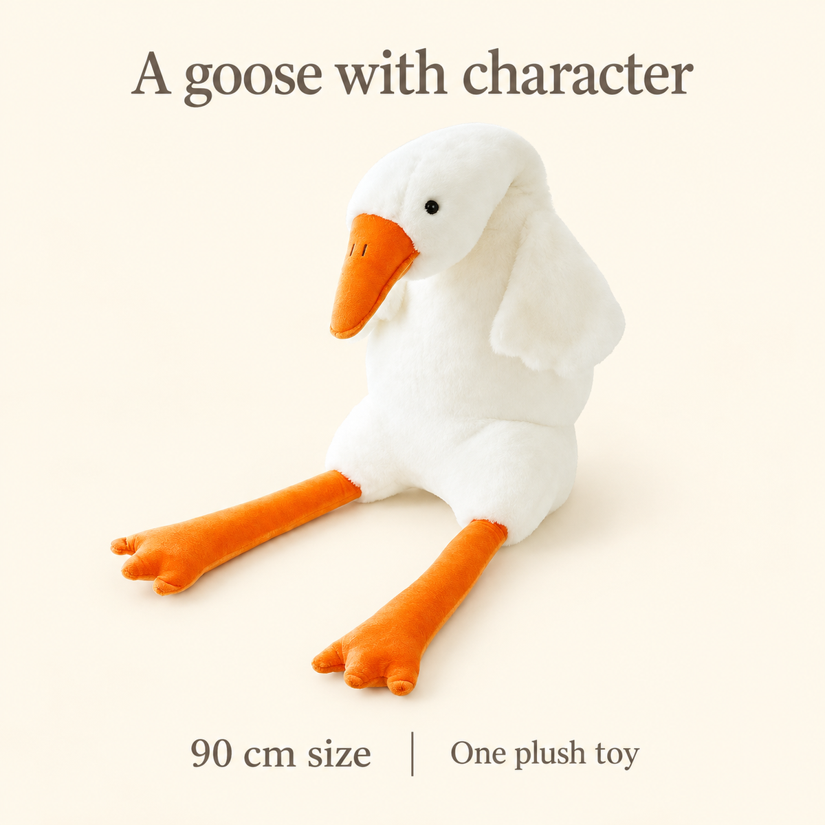 White goose plush with long orange legs, 90 cm size; one toy