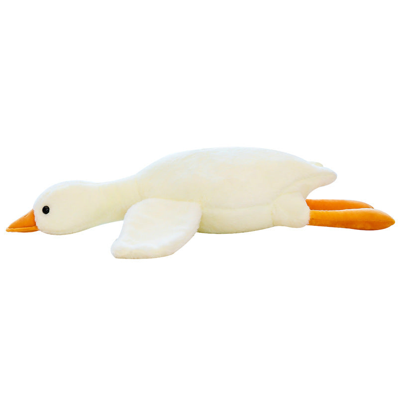 White goose plush in side view with orange beak and feet