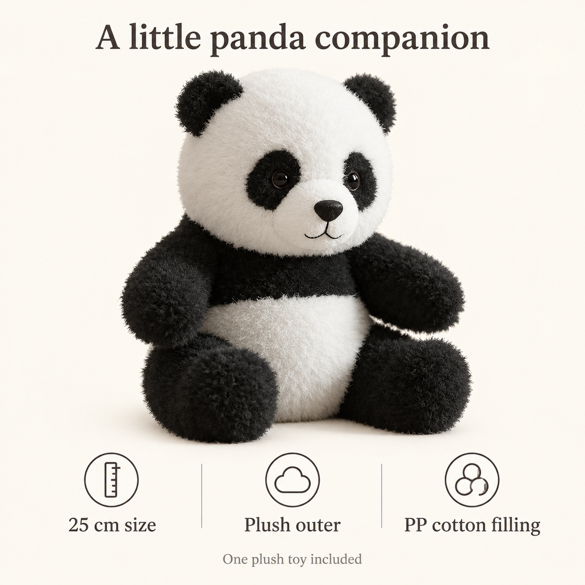 Panda plush: 25 cm size, plush outer and PP cotton filling; one toy
