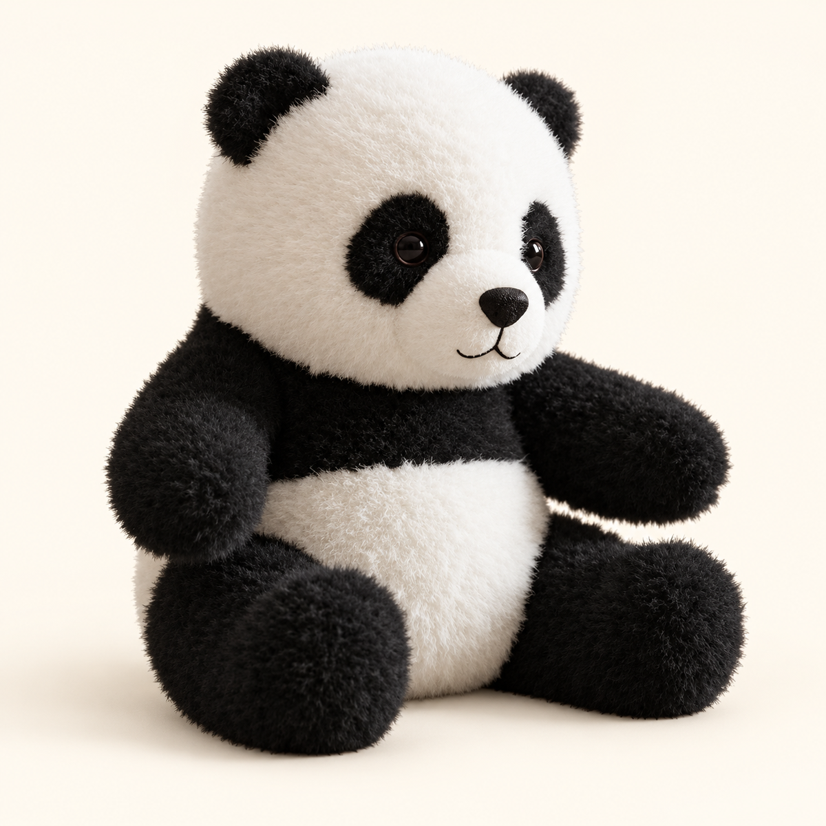 Black and white panda plush toy with stitched smile, seated front view