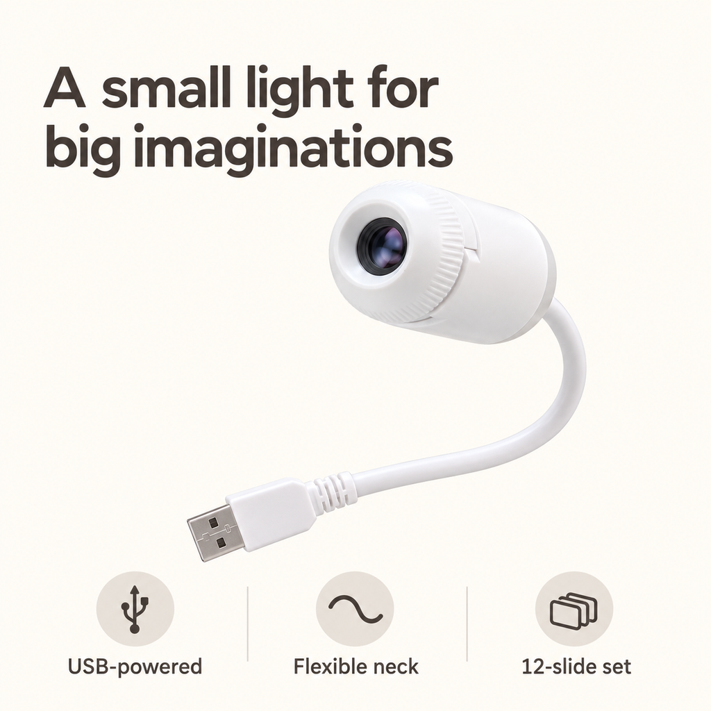 White projection light: USB powered, flexible neck and 12-slide set